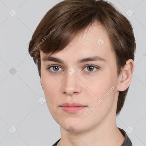 Neutral white young-adult female with short  brown hair and brown eyes