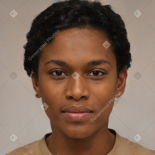 Neutral black young-adult female with short  black hair and brown eyes