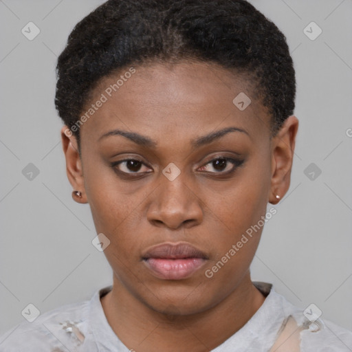 Neutral black young-adult female with short  brown hair and brown eyes