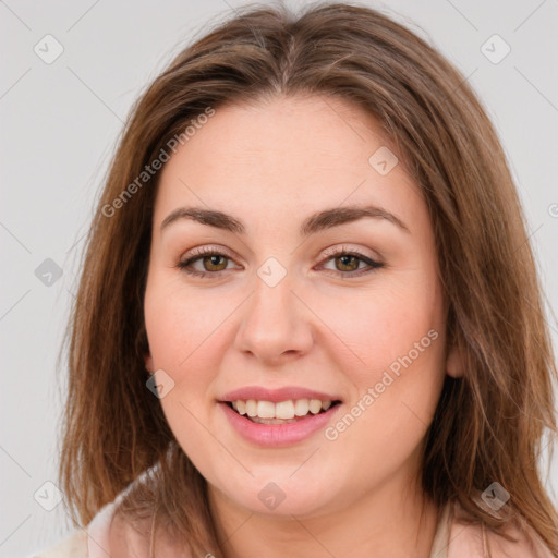 Joyful white young-adult female with medium  brown hair and green eyes