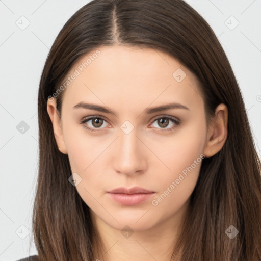 Neutral white young-adult female with long  brown hair and brown eyes