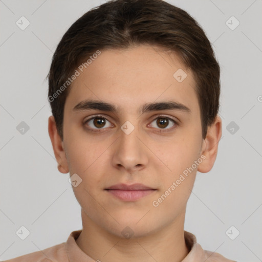 Neutral white young-adult male with short  brown hair and brown eyes