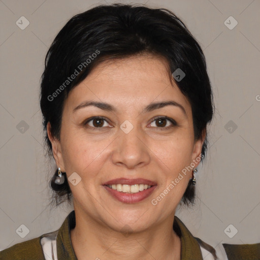 Joyful white adult female with medium  brown hair and brown eyes