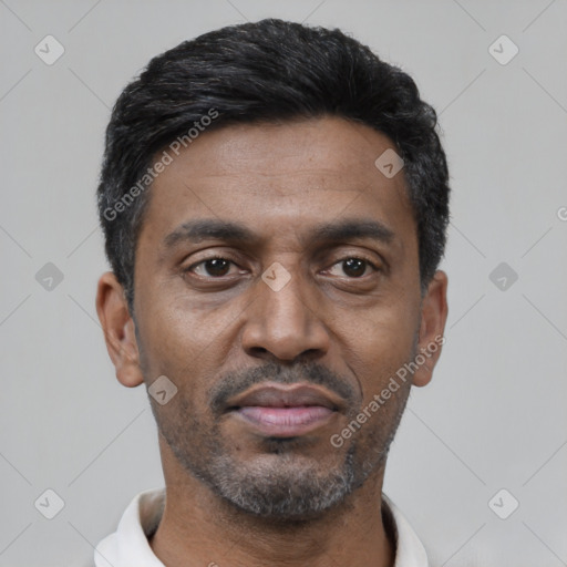 Neutral latino adult male with short  black hair and brown eyes
