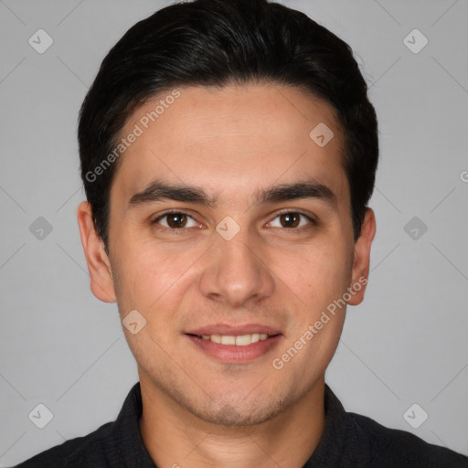 Joyful white young-adult male with short  black hair and brown eyes