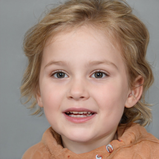 Joyful white child female with medium  brown hair and blue eyes