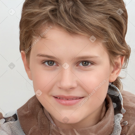 Joyful white child female with medium  brown hair and grey eyes