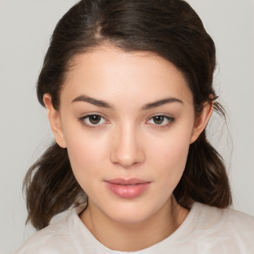 Neutral white young-adult female with medium  brown hair and brown eyes