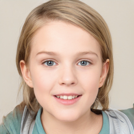 Joyful white child female with medium  brown hair and blue eyes