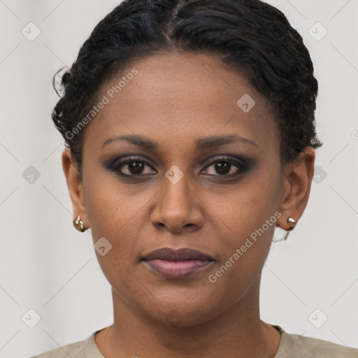 Joyful latino young-adult female with short  brown hair and brown eyes