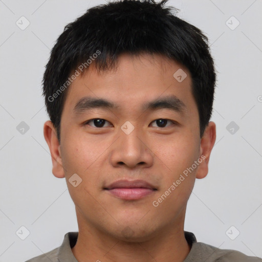 Neutral asian young-adult male with short  brown hair and brown eyes