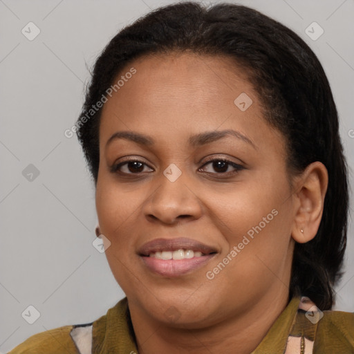 Joyful latino young-adult female with medium  brown hair and brown eyes