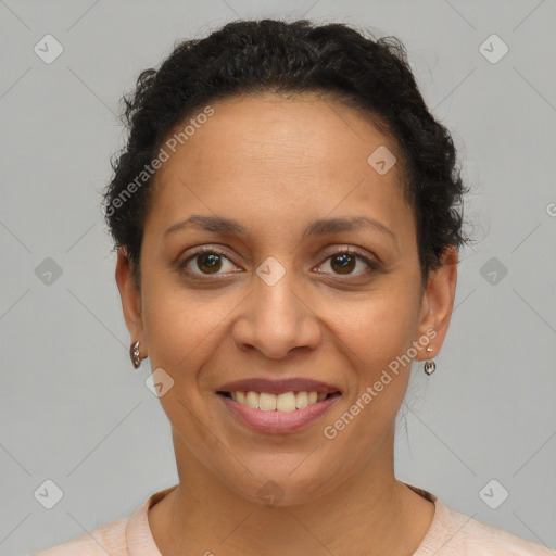 Joyful latino young-adult female with short  brown hair and brown eyes