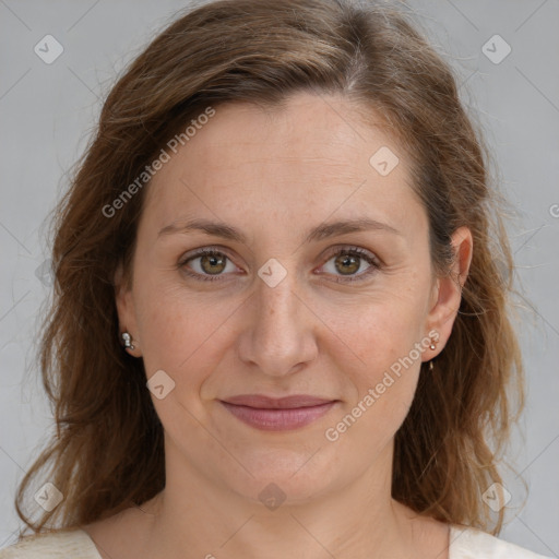 Joyful white young-adult female with medium  brown hair and green eyes