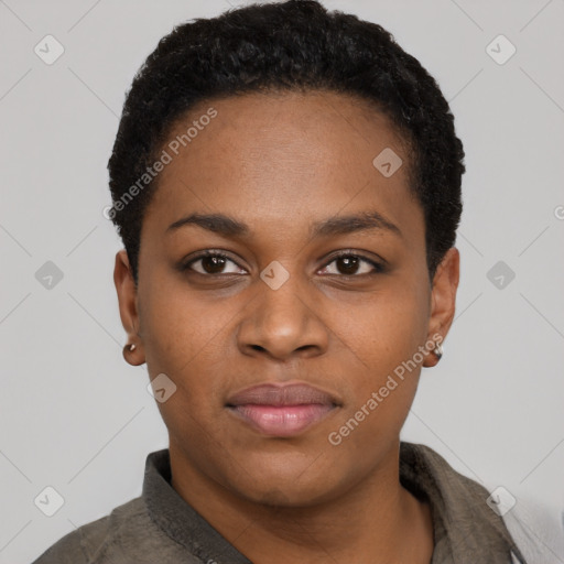 Neutral black young-adult female with short  black hair and brown eyes