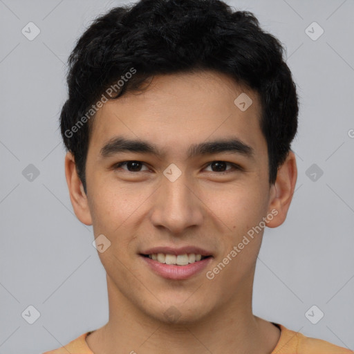 Joyful latino young-adult male with short  brown hair and brown eyes