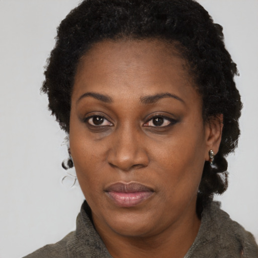 Joyful black adult female with long  brown hair and brown eyes