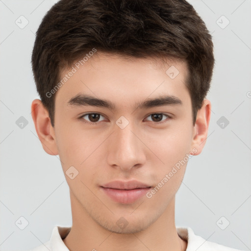 Neutral white young-adult male with short  brown hair and brown eyes