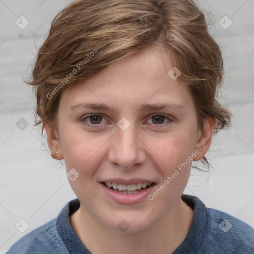 Joyful white young-adult female with medium  brown hair and blue eyes