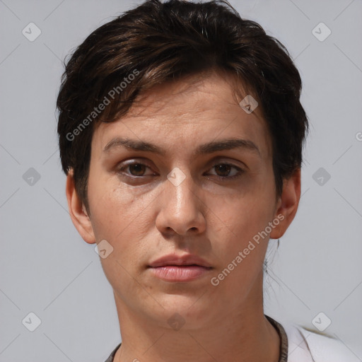 Joyful white adult female with short  brown hair and brown eyes