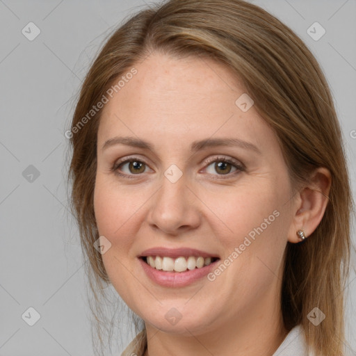 Joyful white young-adult female with medium  brown hair and grey eyes