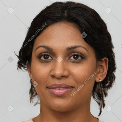 Joyful black young-adult female with medium  brown hair and brown eyes