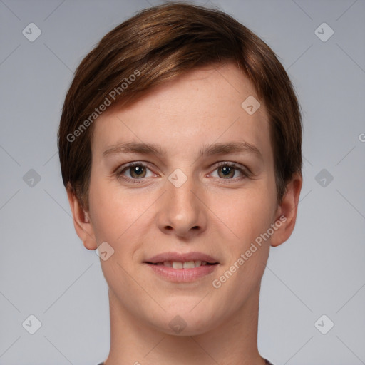 Joyful white young-adult female with short  brown hair and grey eyes