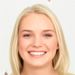 Joyful white young-adult female with long  brown hair and blue eyes