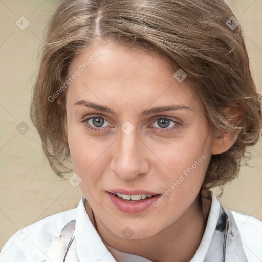 Joyful white young-adult female with medium  brown hair and blue eyes