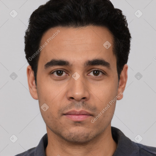 Neutral latino young-adult male with short  black hair and brown eyes