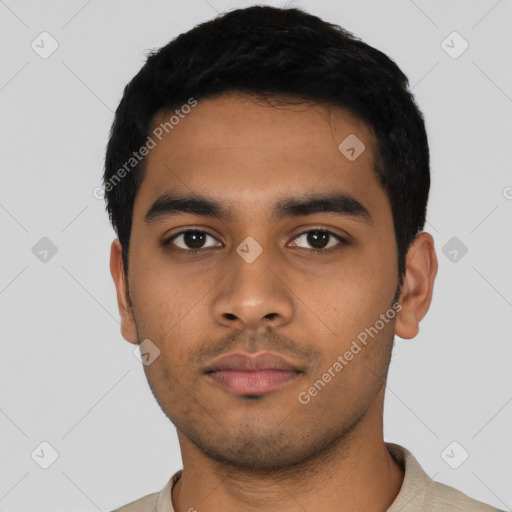 Neutral latino young-adult male with short  black hair and brown eyes