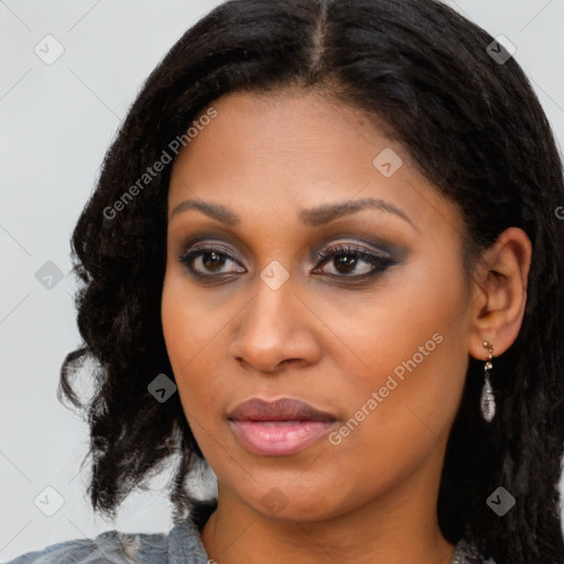 Joyful black young-adult female with medium  brown hair and brown eyes