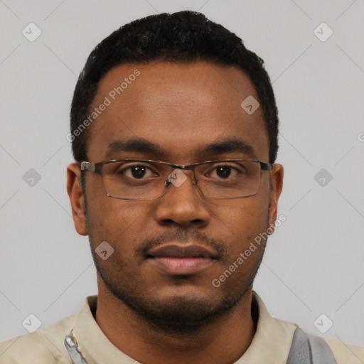 Neutral latino young-adult male with short  black hair and brown eyes