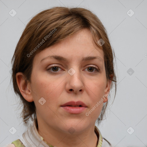 Neutral white young-adult female with medium  brown hair and brown eyes