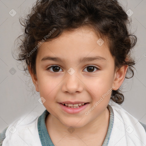 Joyful white child female with medium  brown hair and brown eyes