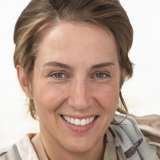 Joyful white adult female with medium  brown hair and grey eyes