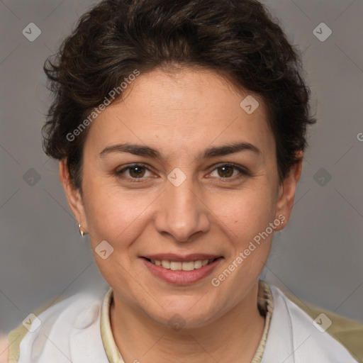 Joyful white adult female with short  brown hair and brown eyes