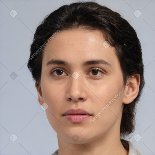 Neutral white young-adult female with short  brown hair and brown eyes