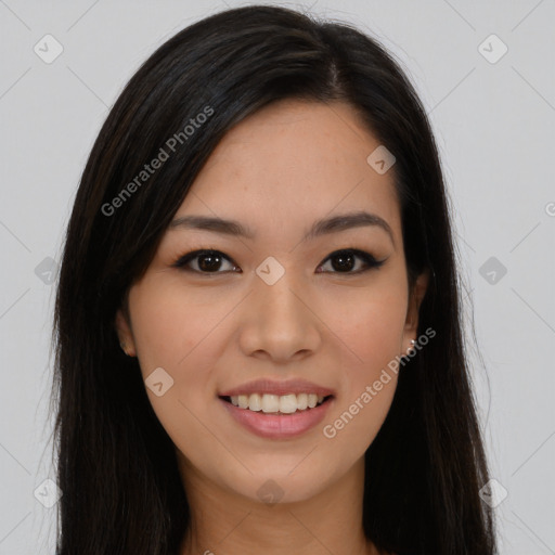 Joyful asian young-adult female with long  brown hair and brown eyes