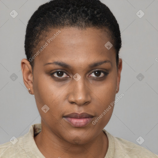 Neutral black young-adult female with short  brown hair and brown eyes