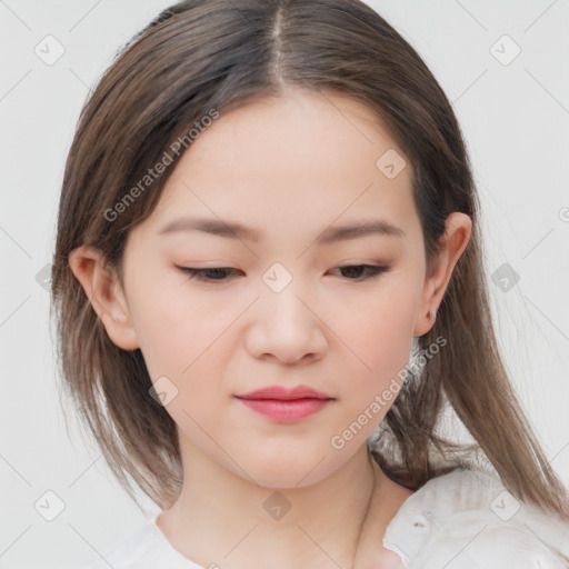 Joyful white child female with medium  brown hair and brown eyes