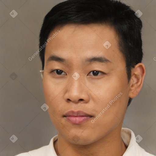 Neutral asian young-adult male with short  black hair and brown eyes