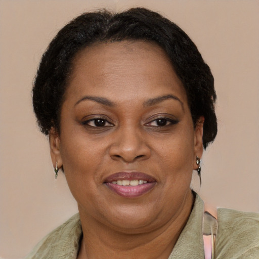 Joyful black adult female with short  brown hair and brown eyes