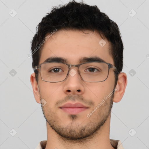 Neutral white young-adult male with short  brown hair and brown eyes