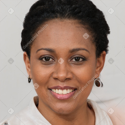 Joyful latino young-adult female with short  black hair and brown eyes