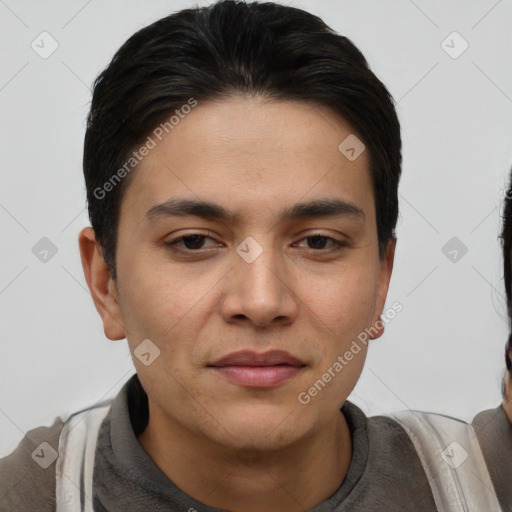 Joyful white young-adult male with short  black hair and brown eyes