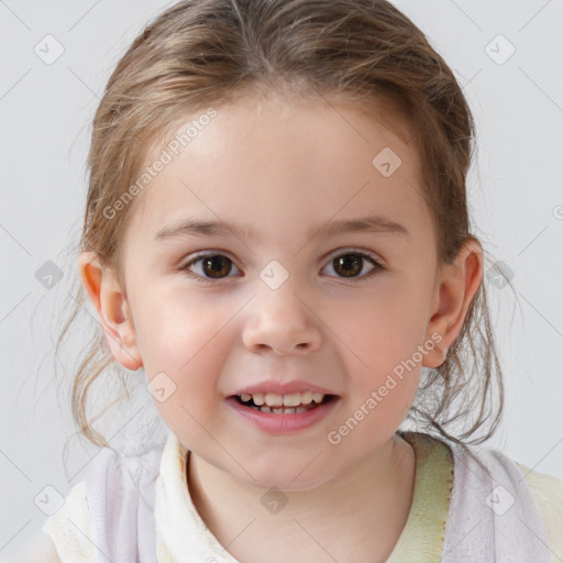 Joyful white child female with medium  brown hair and brown eyes