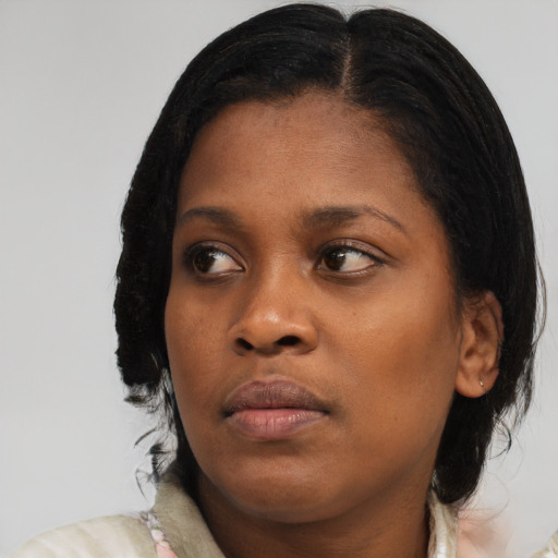 Joyful black young-adult female with medium  brown hair and brown eyes