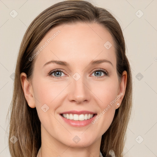 Joyful white young-adult female with long  brown hair and grey eyes