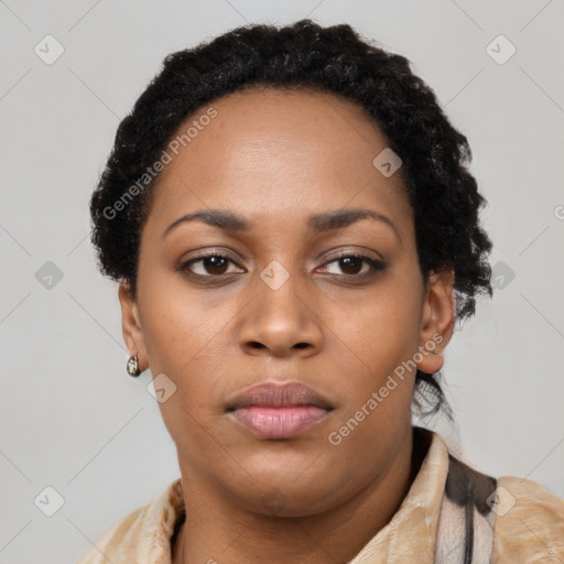 Neutral black young-adult female with short  black hair and brown eyes